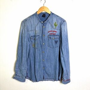 Pearl Snap Make Pizza Not War H&M Blue Denim Down Shirt top embroidered western